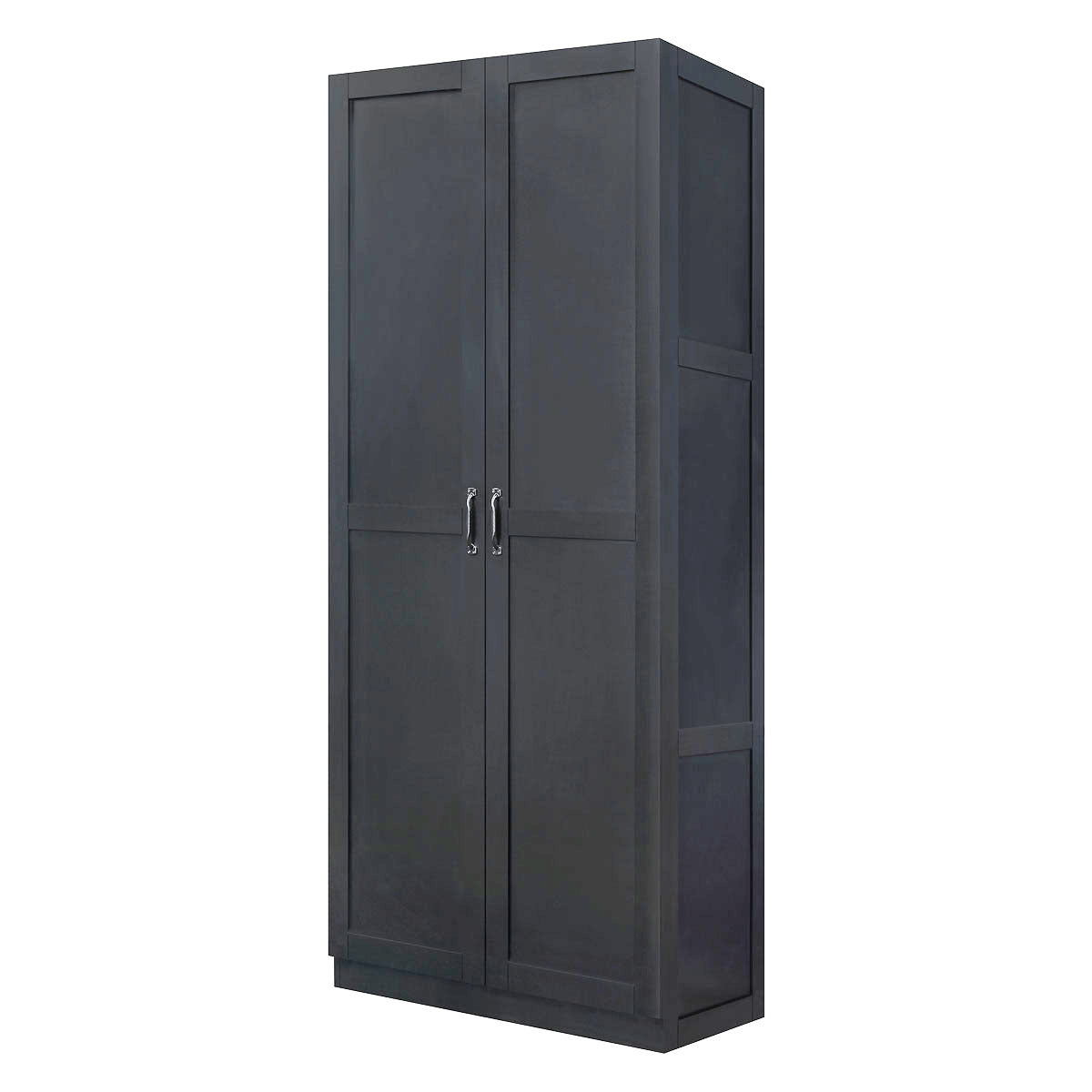 Tall Cabinets set of 2 dark gray wood garage storage units with double doors, silver handles, and 4 shelves__Black