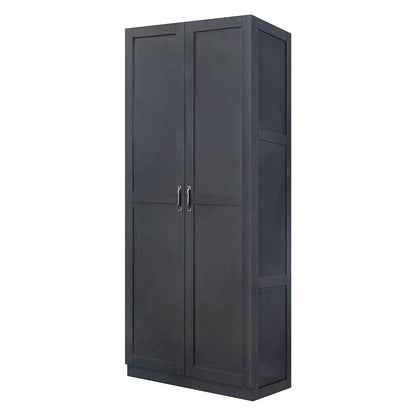 Tall Cabinets set of 2 dark gray wood garage storage units with double doors, silver handles, and 4 shelves__Black