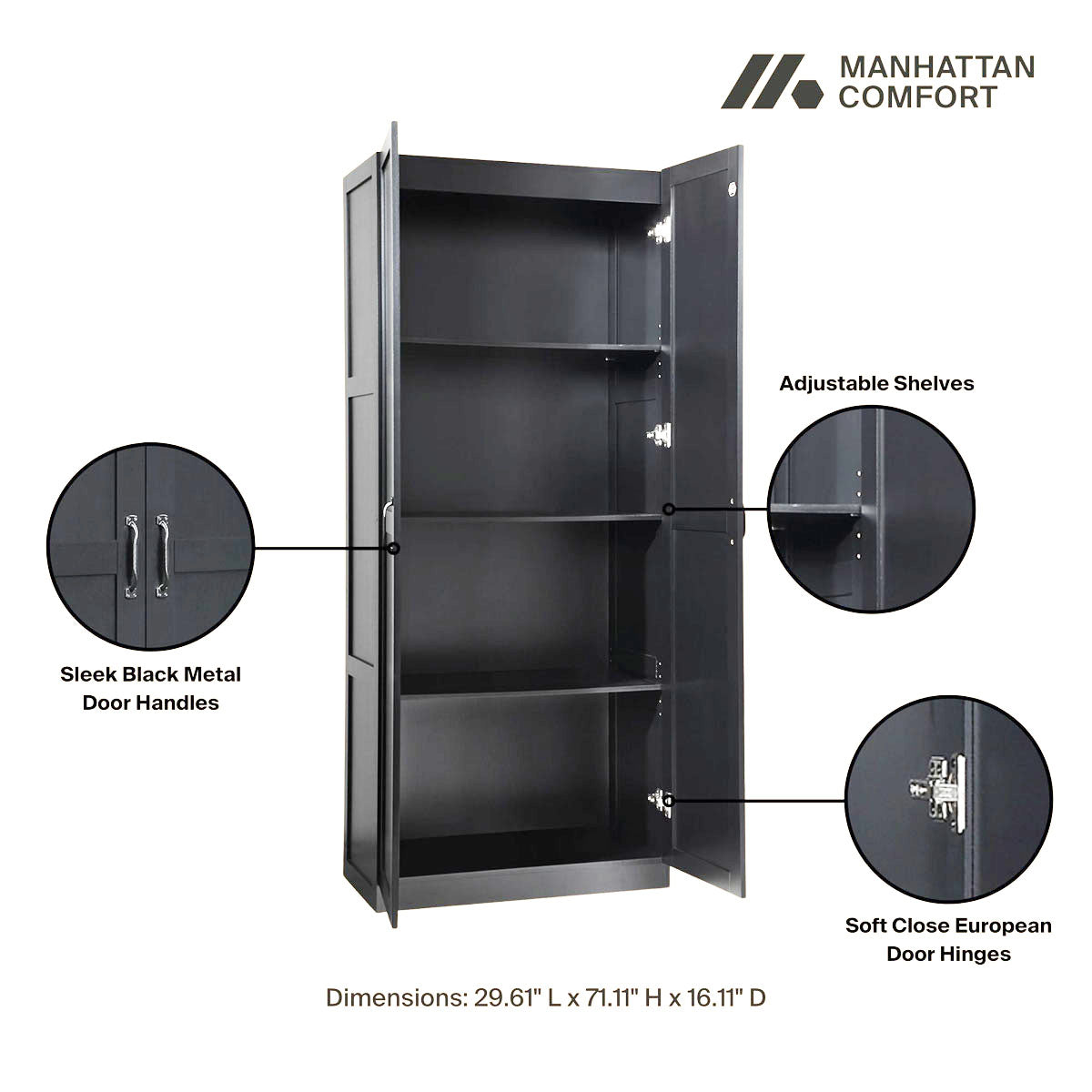 Tall Cabinets with 4 adjustable shelves, soft-close hinges, and sleek black metal handles - 29.61"L x 71.11"H x 16.11"D__Black