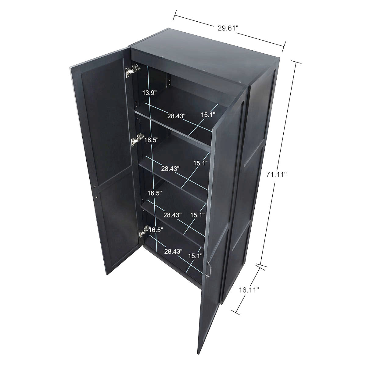 Tall Cabinets set of 2 black wood garage storage with 4 shelves, open door view, 29.61"W x 71.11"H x 16.11"D__Black
