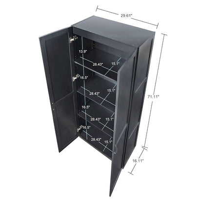 Tall Cabinets set of 2 black wood garage storage with 4 shelves, open door view, 29.61"W x 71.11"H x 16.11"D__Black