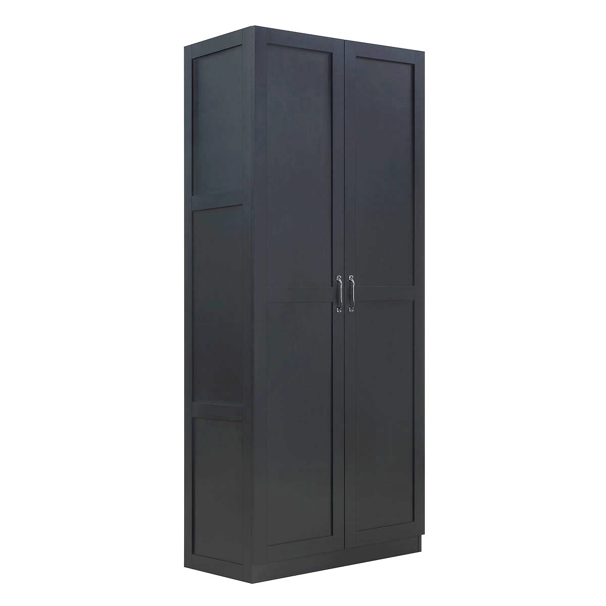 Tall Cabinets with 4 shelves in dark charcoal wood finish, double doors with silver handles, freestanding garage storage__Black