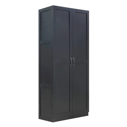 Tall Cabinets with 4 shelves in dark charcoal wood finish, double doors with silver handles, freestanding garage storage__Black