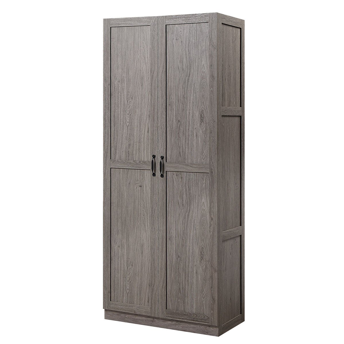 Tall Cabinets with 4 shelves in gray wood finish, double doors with black handles, freestanding garage storage unit__Gray