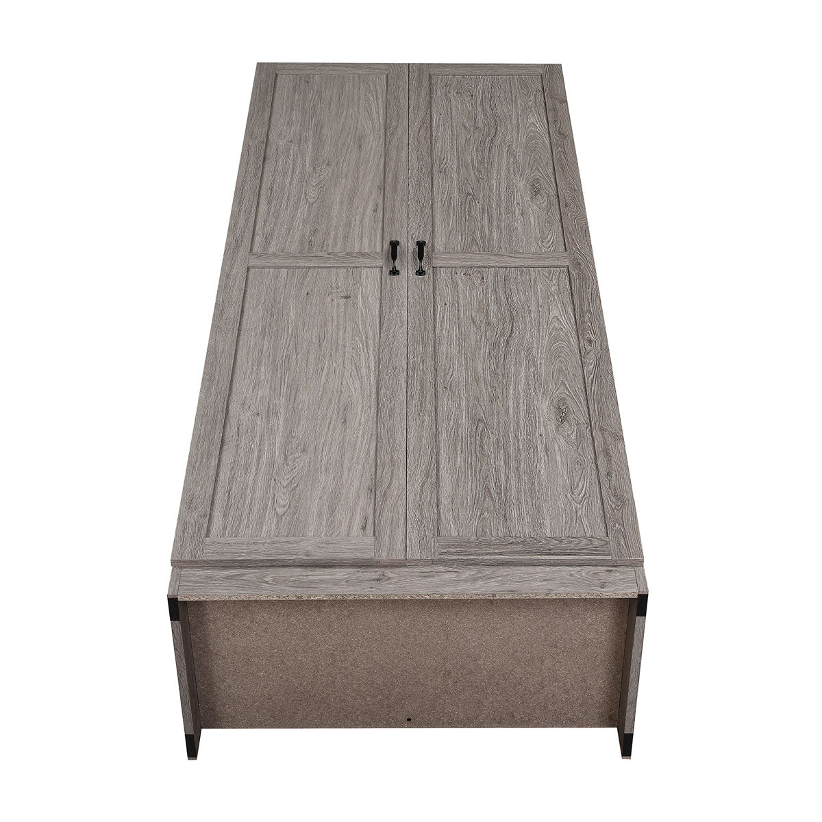 Tall Cabinets set of 2 in gray wood grain finish with paneled doors and black handles, top-down view__Gray