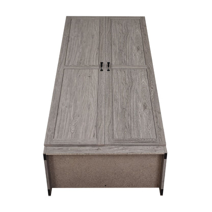 Tall Cabinets set of 2 in gray wood grain finish with paneled doors and black handles, top-down view__Gray