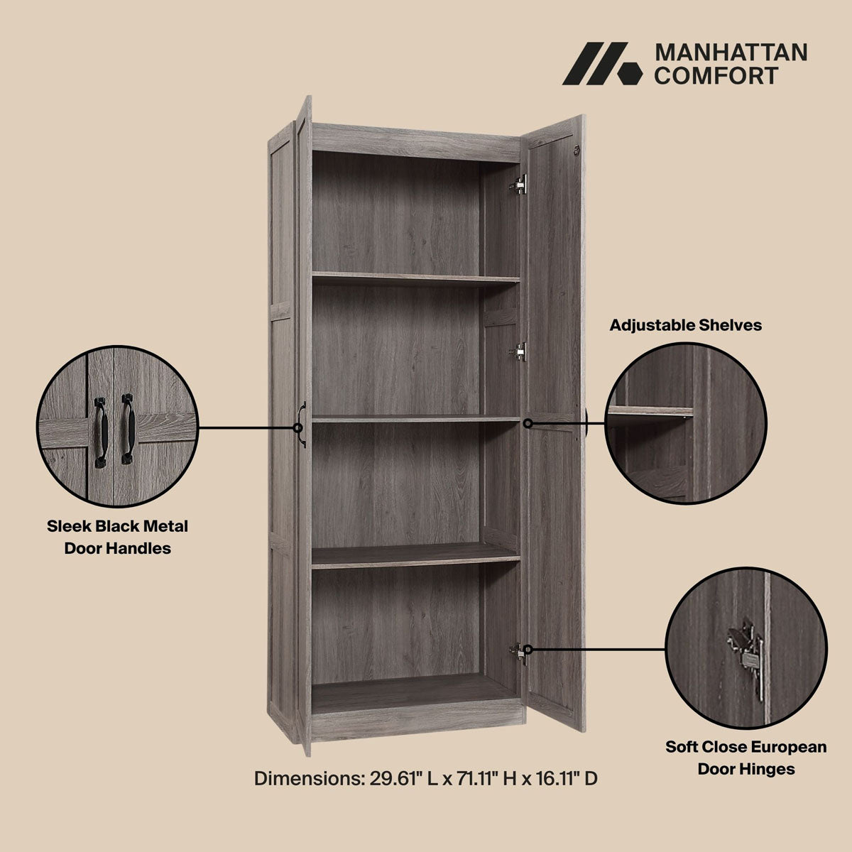 Tall Cabinets with open doors showing 4 adjustable shelves, black metal handles, soft-close hinges, gray wood finish__Gray