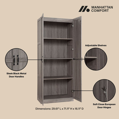 Tall Cabinets with open doors showing 4 adjustable shelves, black metal handles, soft-close hinges, gray wood finish__Gray
