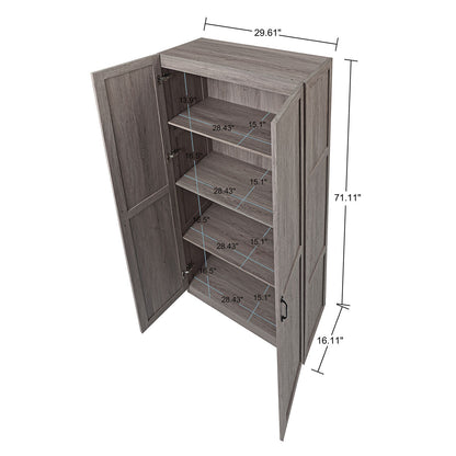Tall Cabinets with 4 shelves, gray wood finish, double doors open showing 28.43" wide x 71.11" high storage__Gray