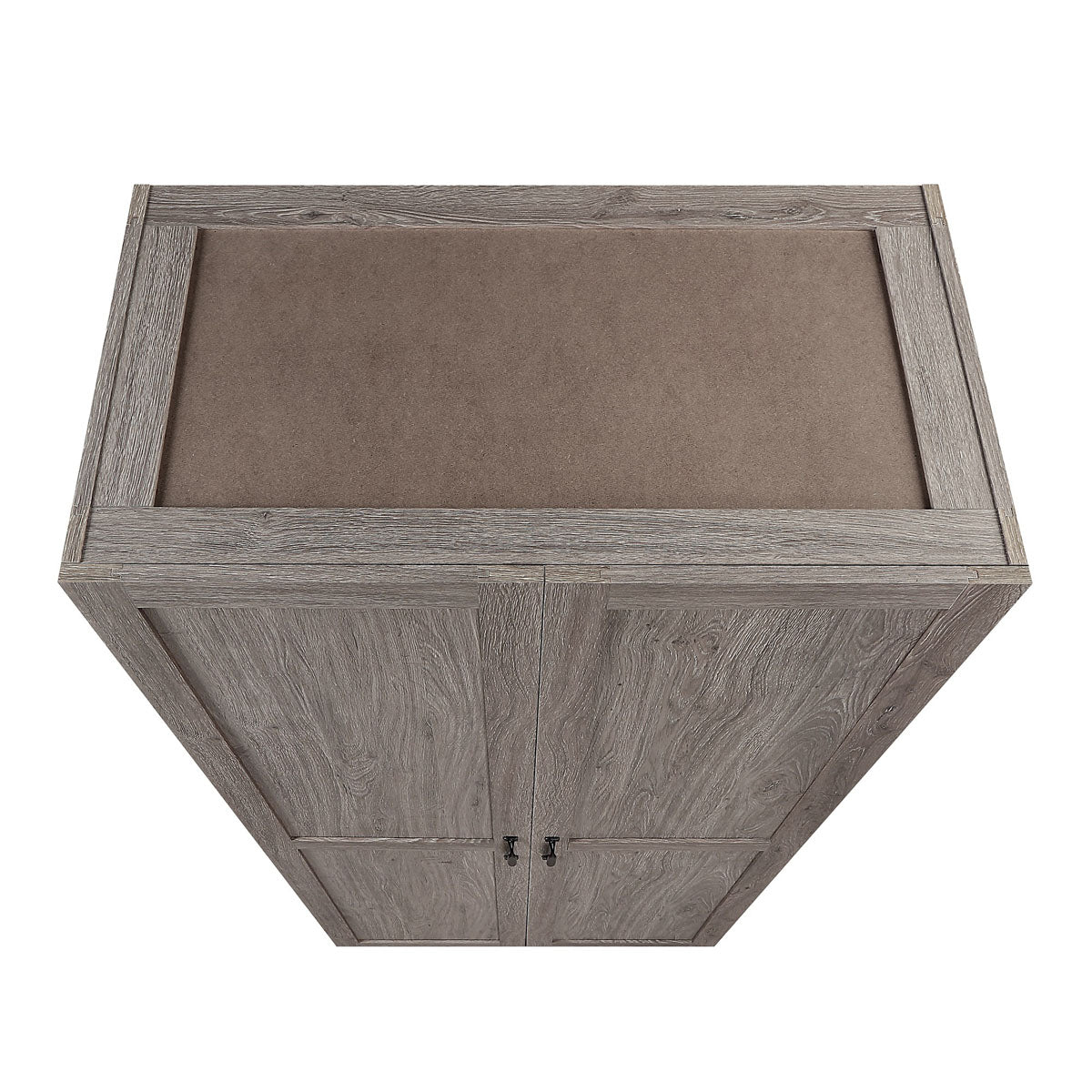 Tall Cabinets with weathered gray wood finish and stone top, dual-door design, overhead view showing storage set of 2__Gray