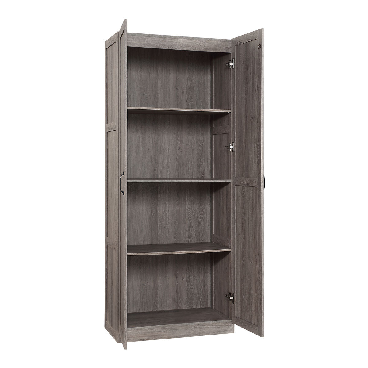 Tall Cabinets with 4 open shelves in gray wood finish, double doors swung open showing spacious storage interior__Gray