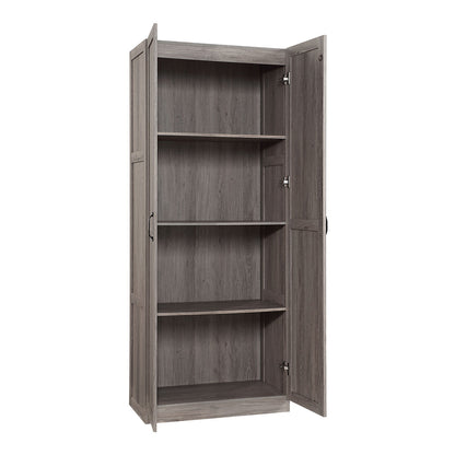 Tall Cabinets with 4 open shelves in gray wood finish, double doors swung open showing spacious storage interior__Gray