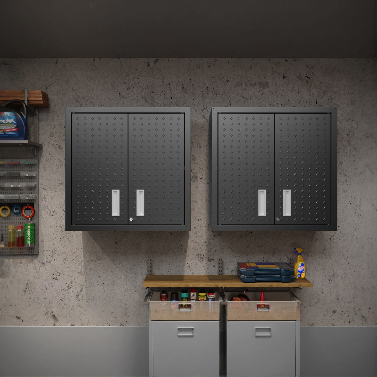 30" Wall-Mounted Garage Cabinets, Set of 2 installed in a garage, providing organized storage for tools and equipment__CharcoalGray