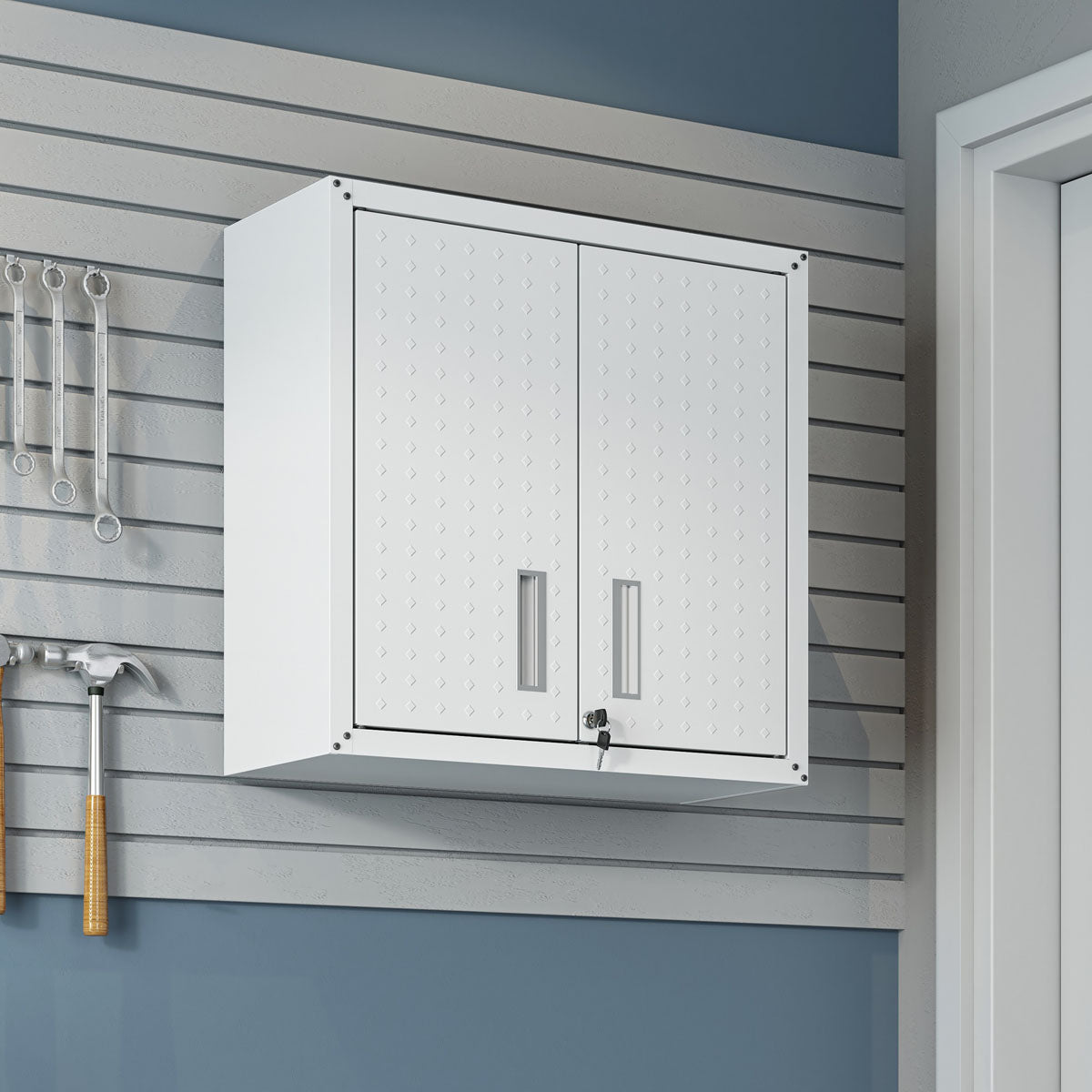 30" Wall-Mounted Garage Cabinets, Set of 2 installed on a slat wall, providing organized storage__White