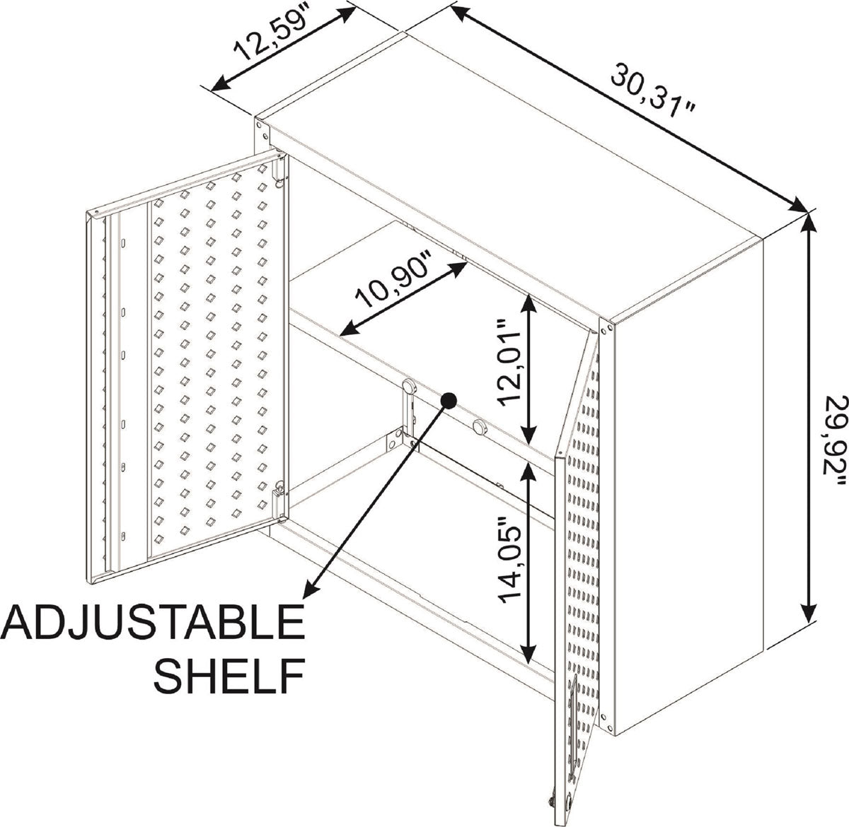 Garage Cabinet Sets wall unit diagram showing 30.31"W x 29.92"H x 12.59"D dimensions with adjustable shelf detail