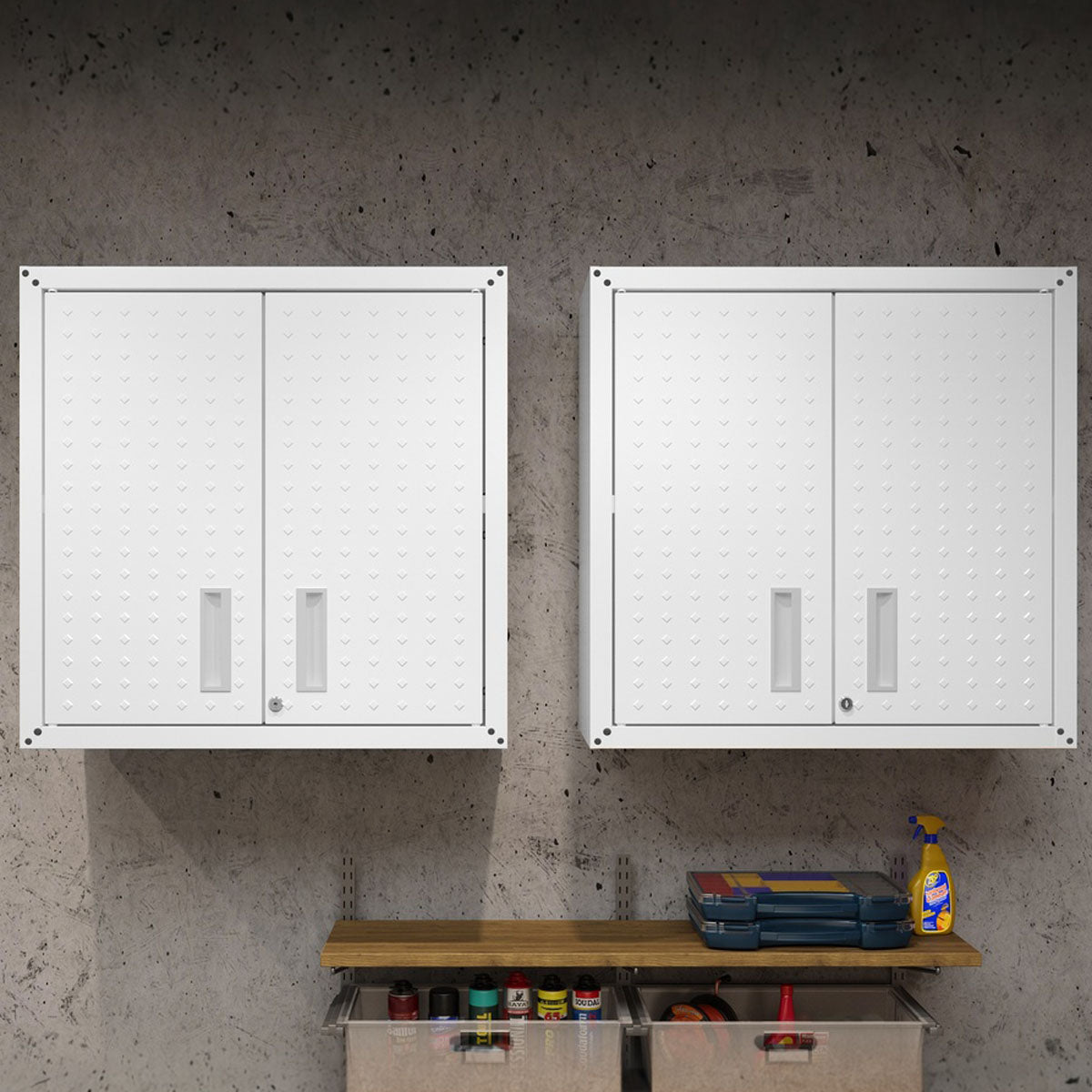 30" Wall-Mounted Garage Cabinets, Set of 2 mounted on a garage wall with storage underneath__White