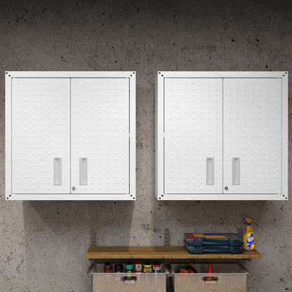 30" Wall-Mounted Garage Cabinets, Set of 2 mounted on a garage wall with storage underneath__White
