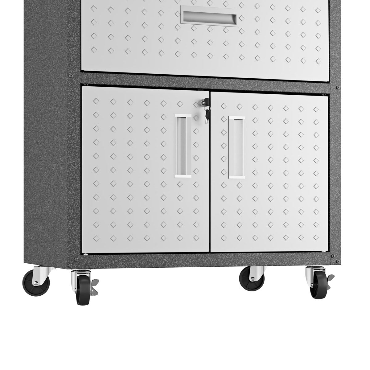 MidHeight Cabinets rolling garage storage unit with locking double doors, top drawer, diamond texture panels, and heavy-duty casters__DarkGray