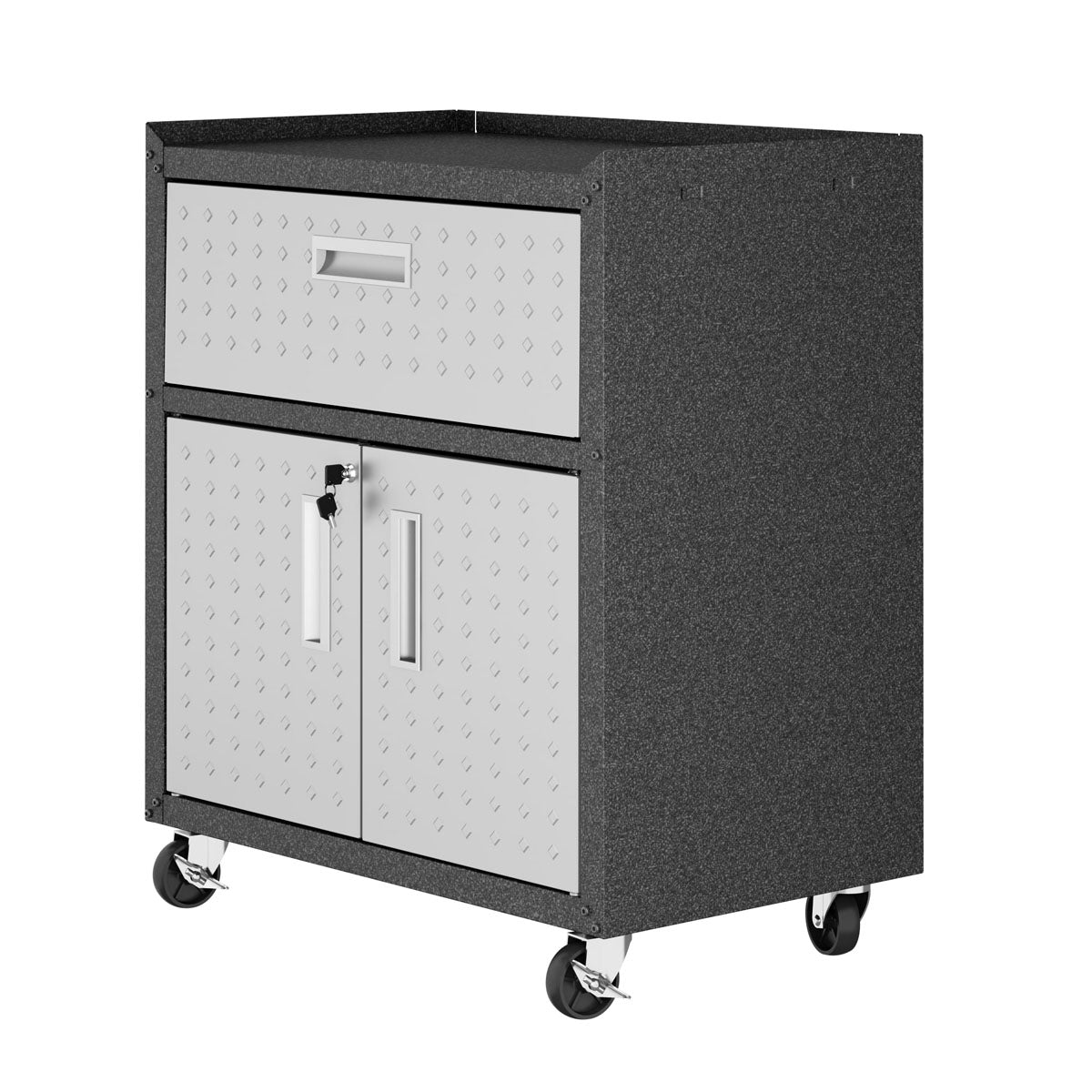 MidHeight Cabinets on wheels with diamond-plate doors, top drawer, locking lower storage, in charcoal and silver finish__DarkGray