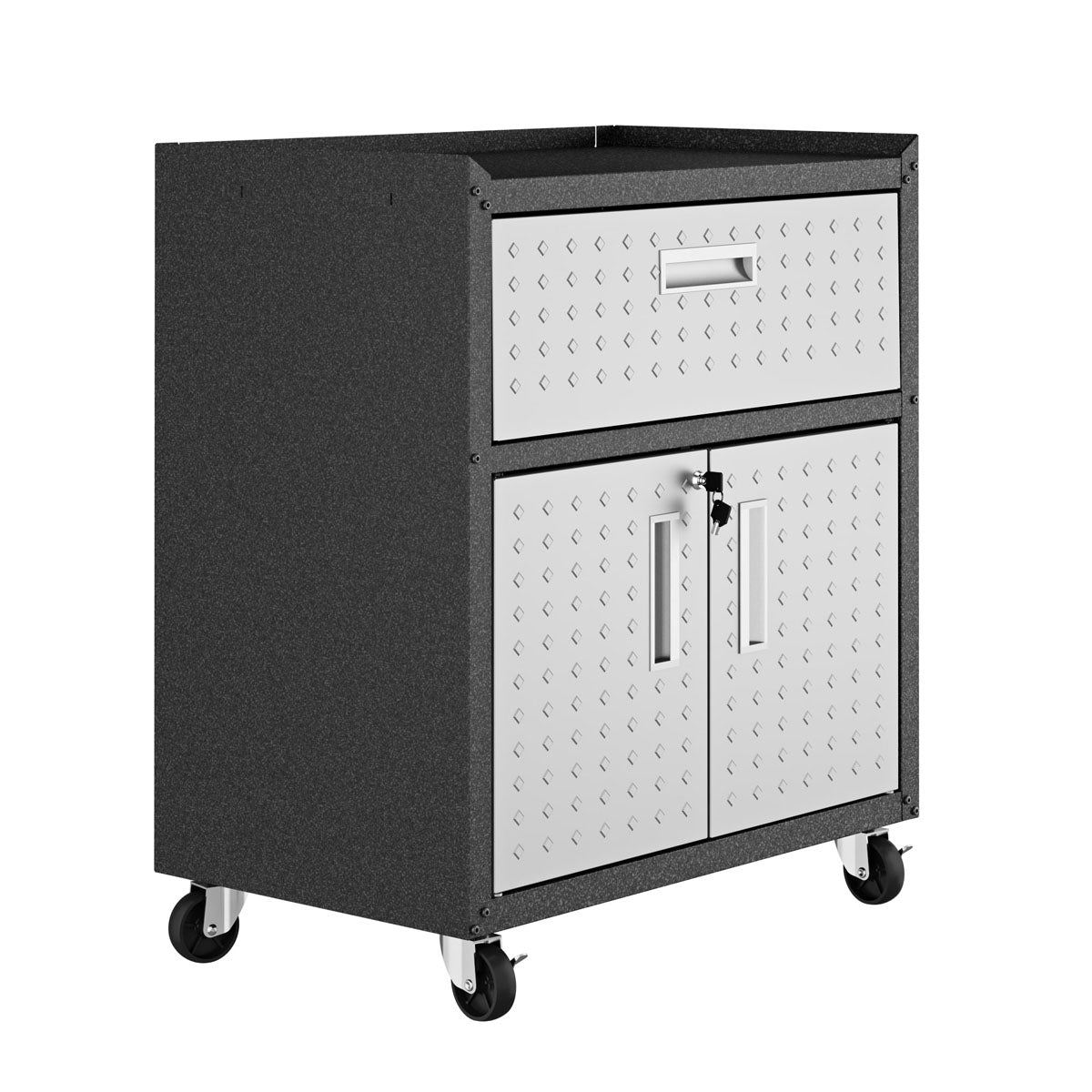 Garage Cabinet Sets mobile unit with locking double doors, top drawer, diamond-plate panels, and heavy-duty caster wheels__DarkGray