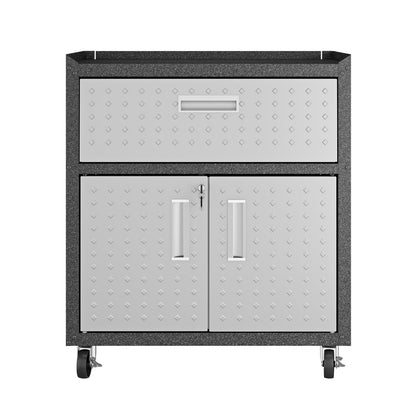 Garage Cabinet Sets rolling unit with large top drawer, double locking doors, diamond texture, and heavy-duty caster wheels__DarkGray