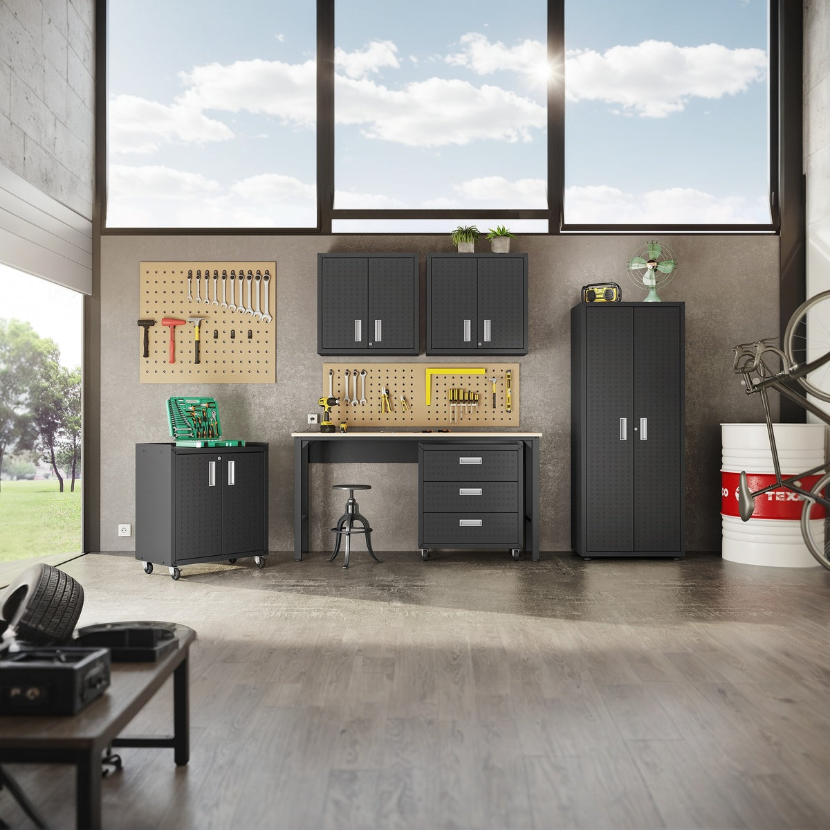 MidHeight Cabinets in dark gray with drawer and shelf storage in an organized modern garage workshop setup