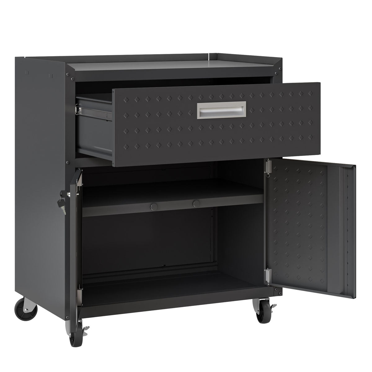 MidHeight Cabinet on wheels with open drawer and double doors revealing interior shelf, dark metal garage storage unit__CharcoalGray