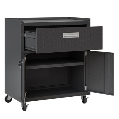 MidHeight Cabinet on wheels with open drawer and double doors revealing interior shelf, dark metal garage storage unit__CharcoalGray