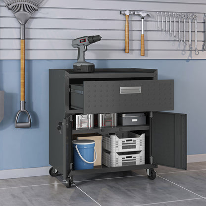 MidHeight Cabinets rolling garage storage unit with open drawer, shelves, casters, and drill on top in organized garage__CharcoalGray