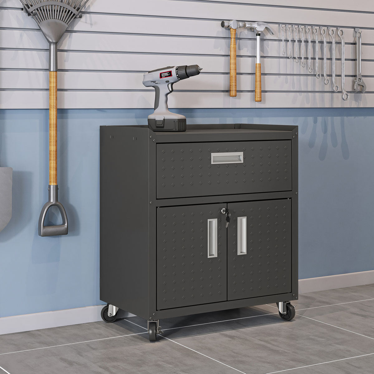 MidHeight Cabinet on wheels with drawer, double-door storage, and drill on top, displayed in organized garage setting__CharcoalGray