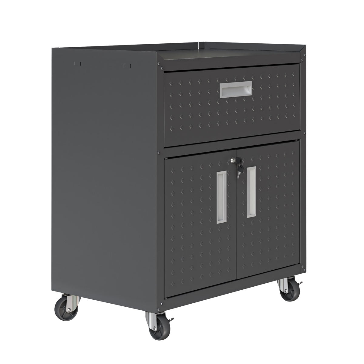 MidHeight Cabinet on wheels with top drawer and double-door lower storage, charcoal steel diamond-plate finish, locking doors__CharcoalGray