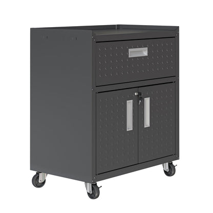 MidHeight Cabinet on wheels with top drawer and double-door lower storage, charcoal steel diamond-plate finish, locking doors__CharcoalGray
