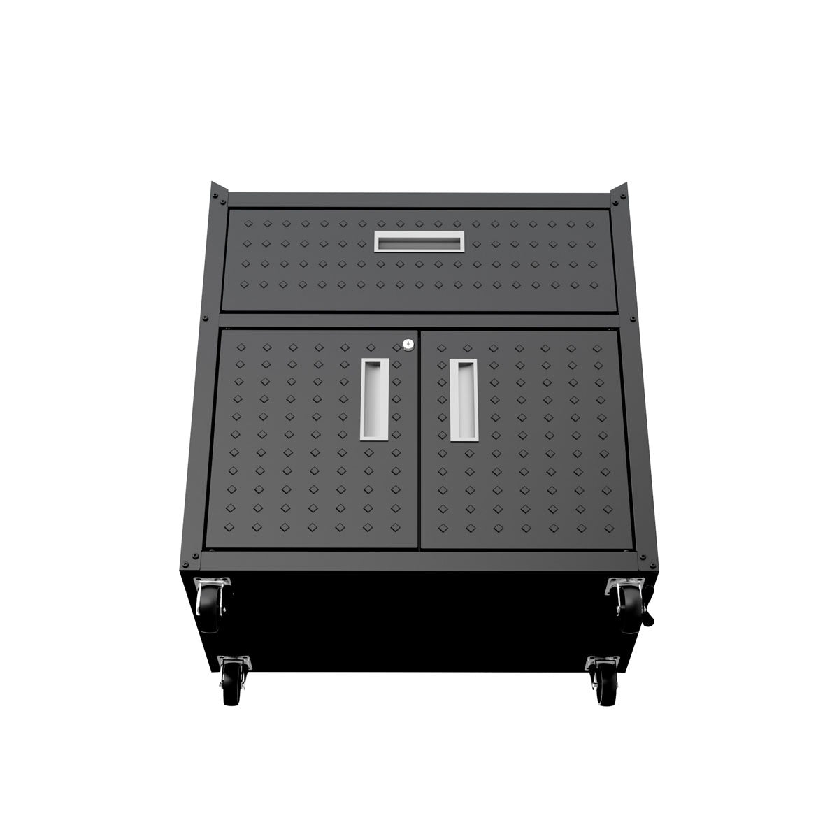 MidHeight Cabinets rolling garage storage unit with top drawer, double-door compartment, diamond-plate texture, and caster wheels__CharcoalGray