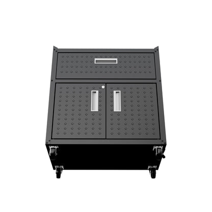 MidHeight Cabinets rolling garage storage unit with top drawer, double-door compartment, diamond-plate texture, and caster wheels__CharcoalGray