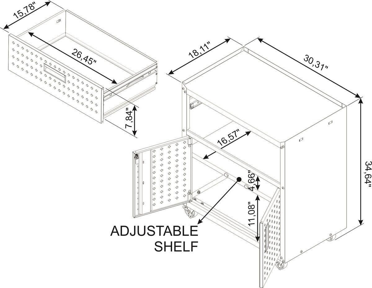 MidHeight Cabinets rolling garage storage unit, 30x34.64", with drawer, adjustable shelf, and diamond-plate doors__All