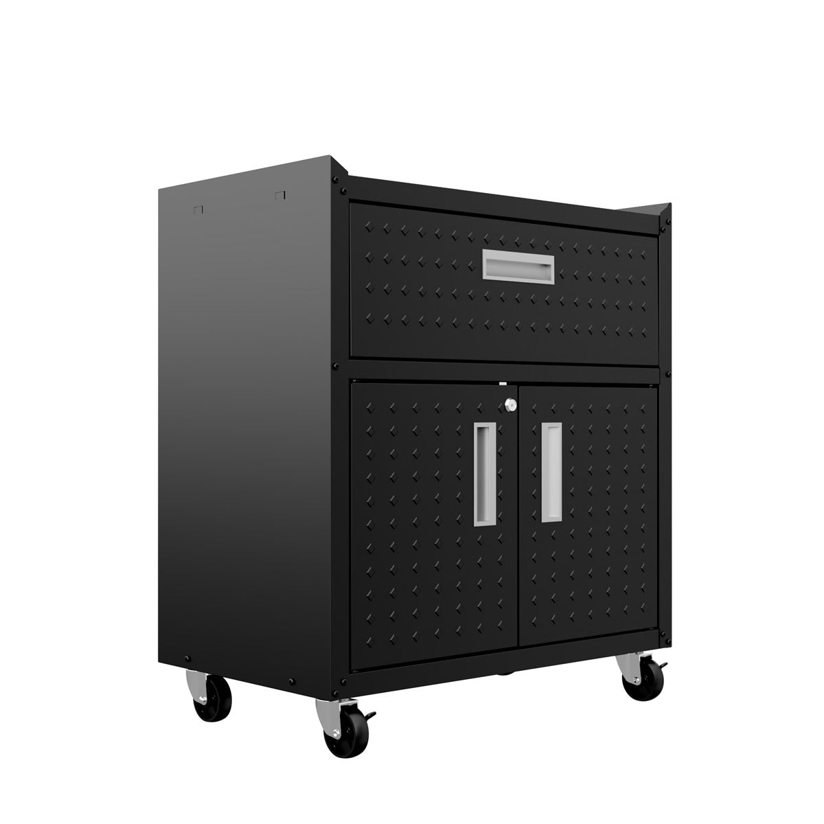 MidHeight Cabinets rolling garage storage unit with top drawer, double doors, diamond plate texture, and locking casters__CharcoalGray