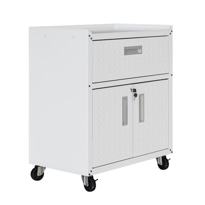 MidHeight Cabinet on wheels in white with diamond-plate texture, top drawer, lockable double doors, and heavy-duty casters__White