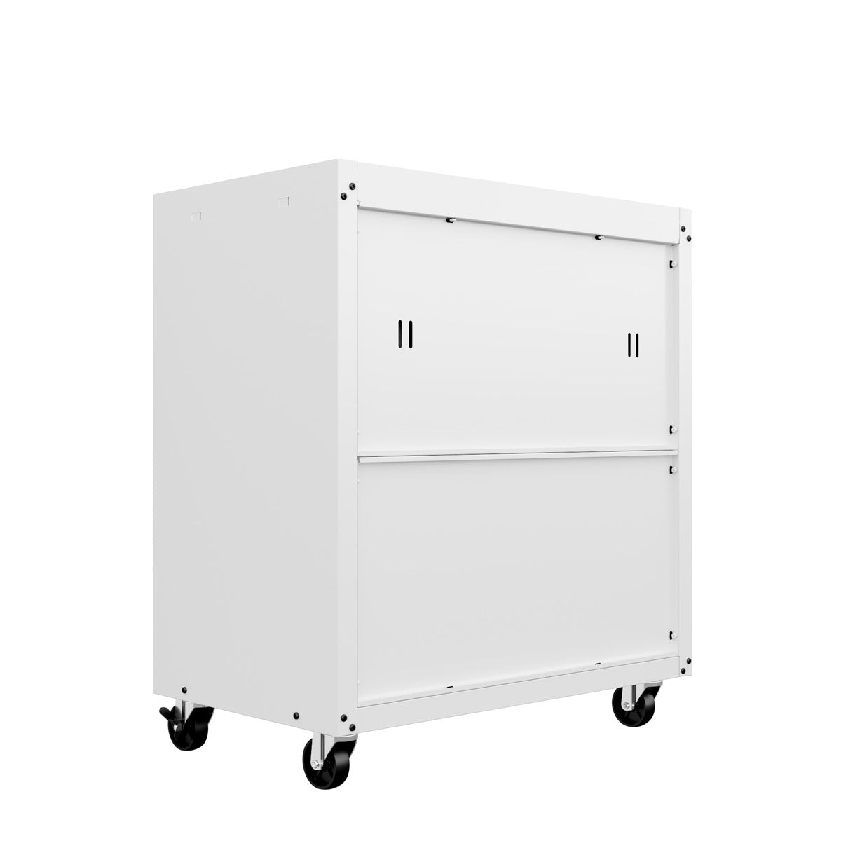 MidHeight Cabinets on wheels in white with dual doors and bottom drawer for versatile rolling garage storage__White