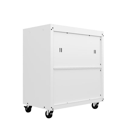 MidHeight Cabinets on wheels in white with dual doors and bottom drawer for versatile rolling garage storage__White