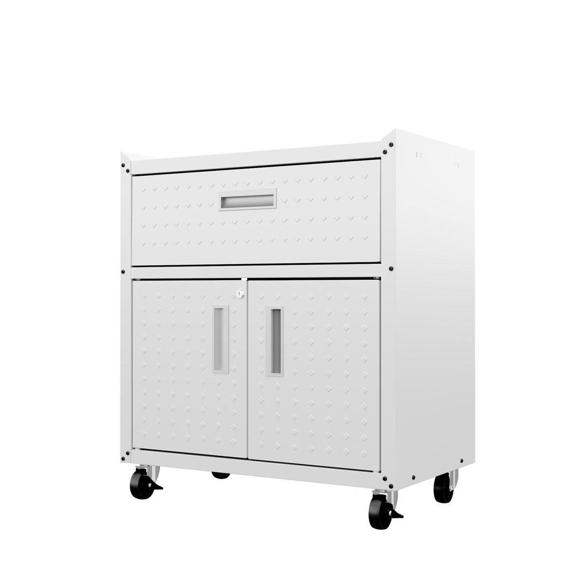 MidHeight Cabinet on wheels with top drawer and double-door lower storage, white diamond-plate steel, lockable, rolling garage unit__White