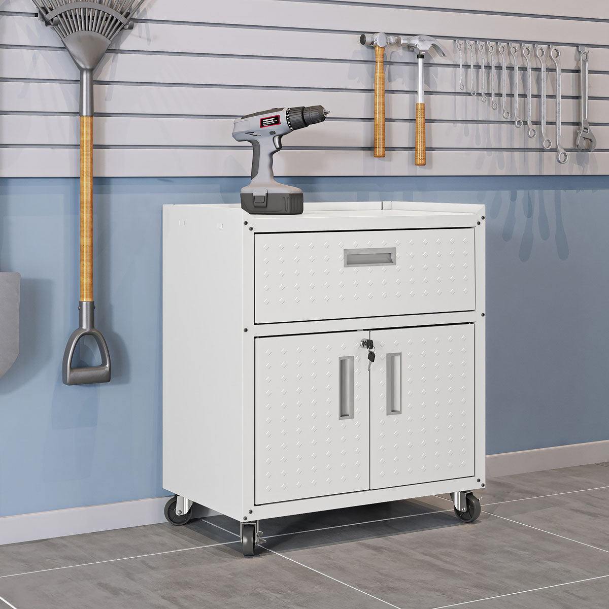 MidHeight Cabinet on wheels with drawer and double-door storage in white, topped with a cordless drill in organized garage__White