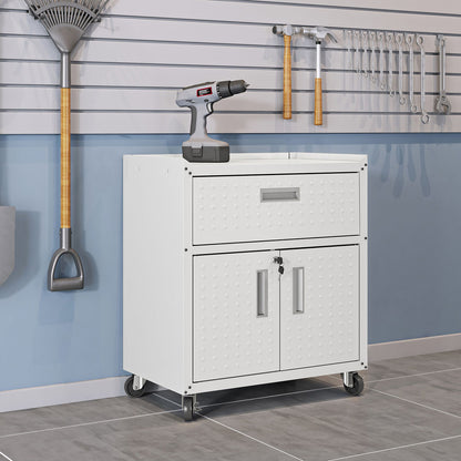 MidHeight Cabinet on wheels with drawer and double-door storage in white, topped with a cordless drill in organized garage__White