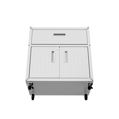 MidHeight Cabinets rolling garage storage unit with top drawer, double-door compartment, and locking casters in white__White