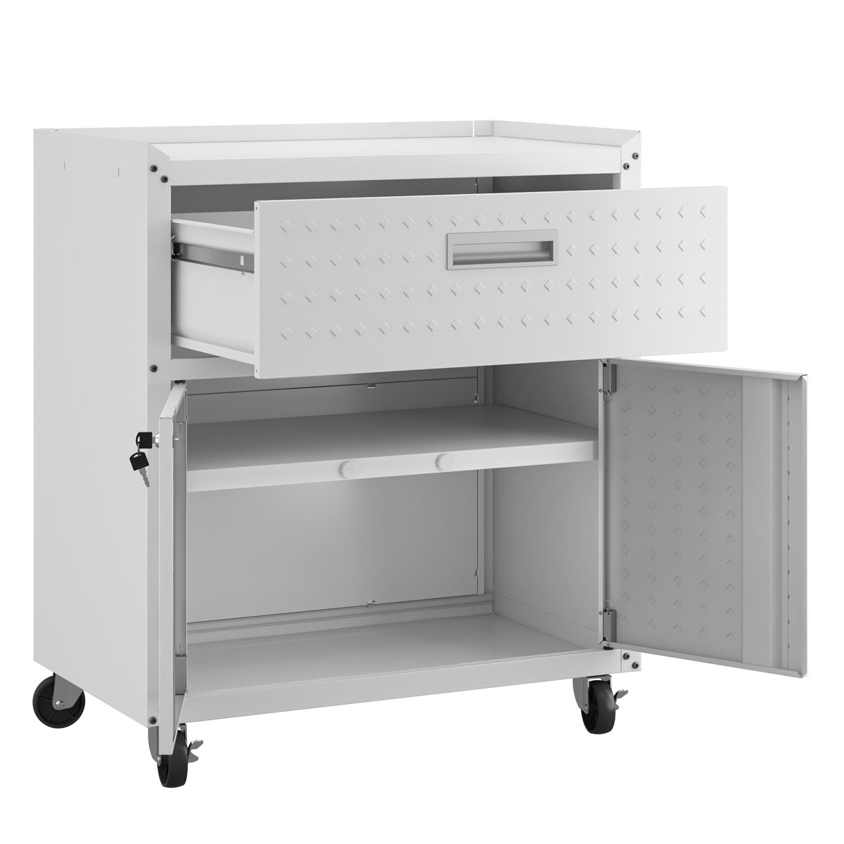 MidHeight Cabinet with open drawer and double-door shelf, white rolling garage storage unit on locking caster wheels__White