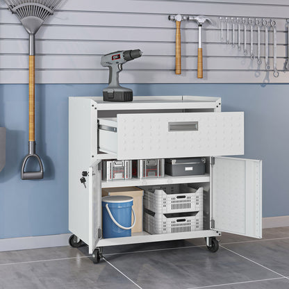 MidHeight Cabinets rolling garage storage unit with open drawer, shelves, tools on top, and casters for easy mobility__White