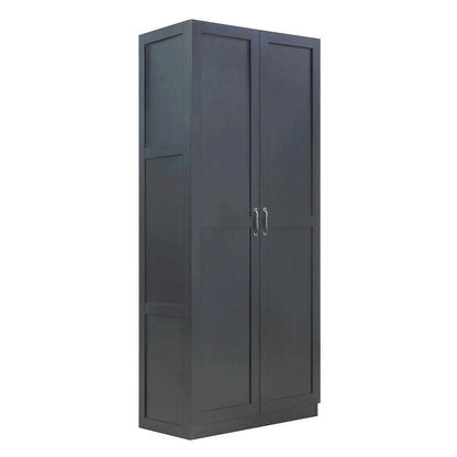 Tall Cabinets dark gray wood garage storage unit with 2 doors, silver handles, and 4 shelves for hidden organization__Black