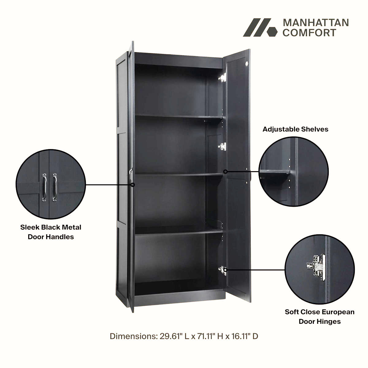 Tall Cabinets black wood storage unit with 4 adjustable shelves, soft-close hinges, and sleek metal handles, open view__Black