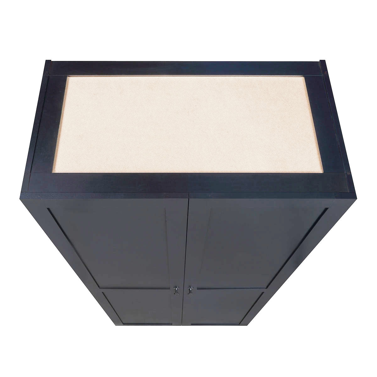 Tall Cabinets dark wood garage storage unit with beige padded top surface and double-door hidden shelving below__Black