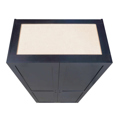 Tall Cabinets dark wood garage storage unit with beige padded top surface and double-door hidden shelving below__Black