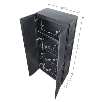 Tall Cabinet black wood garage storage unit with 4 shelves and open doors showing interior dimensions 29.61x16.11x71.11